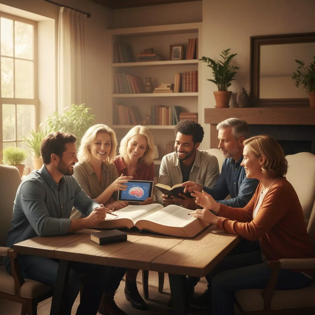A diverse group of modern Christian Christians studying the Bible together, embodying the principles of living for Christ ...