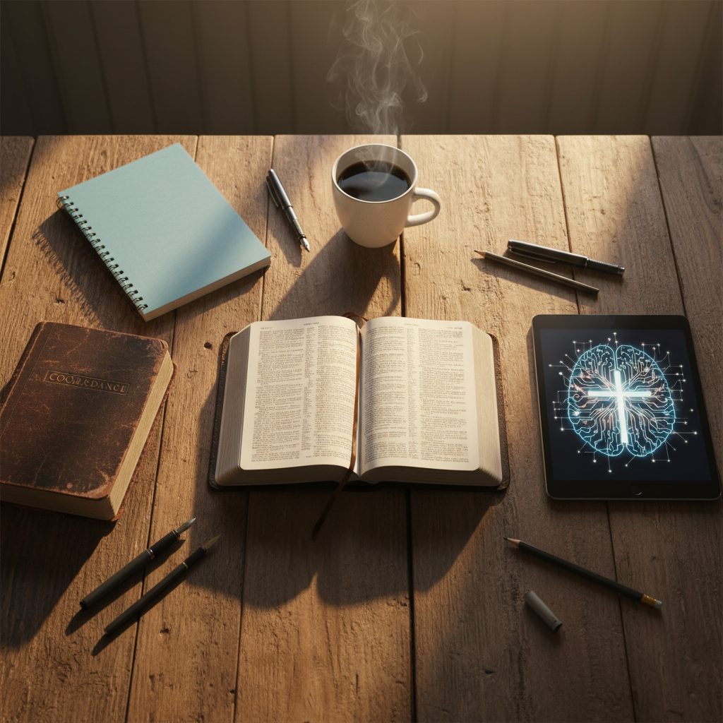 Essential Study Tools for the Bible in the Digital Age A flat lay of modern and traditional study tools for the bible, including a concordance, notebook, and tablet on a wooden ...