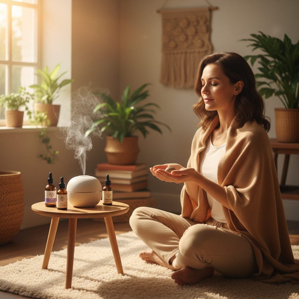 A woman finds a moment of peace using natural remedies for anxiety with essential oils, sitting calmly in a sunlit room.