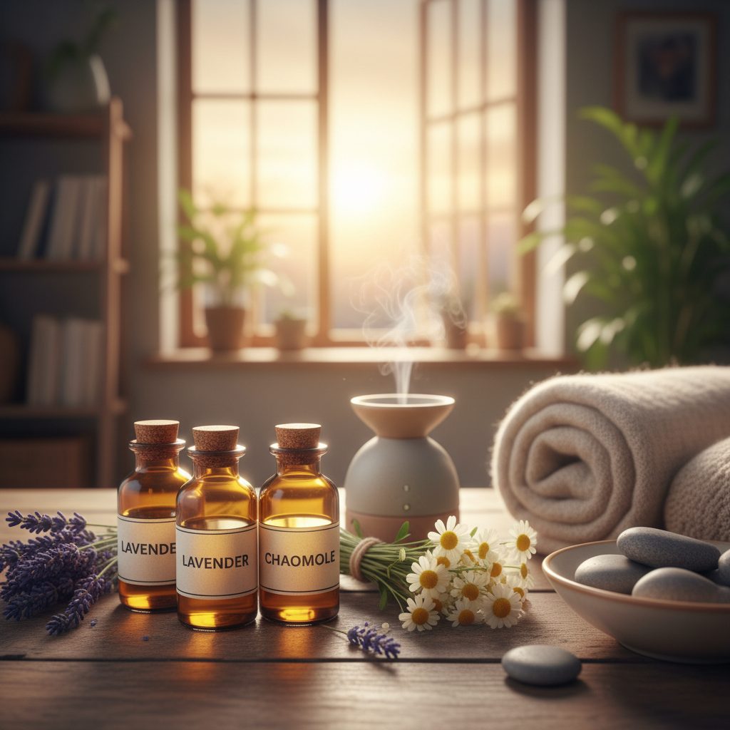 A selection of natural remedies for anxiety with essential oils, showing bottles of lavender and chamomile next to fresh b...