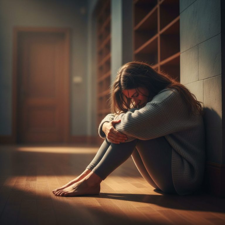 nervous breakdown what it feels like physically - A visibly distressed woman sits on the floor, illustrating what a nervous b