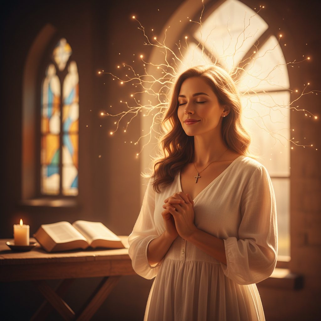 Finding God’s Peace: A Christian Perspective on Nervous System Healing Illustrating the nervous system healing christian perspective: a woman in a state of peaceful, prayerful contemplation.