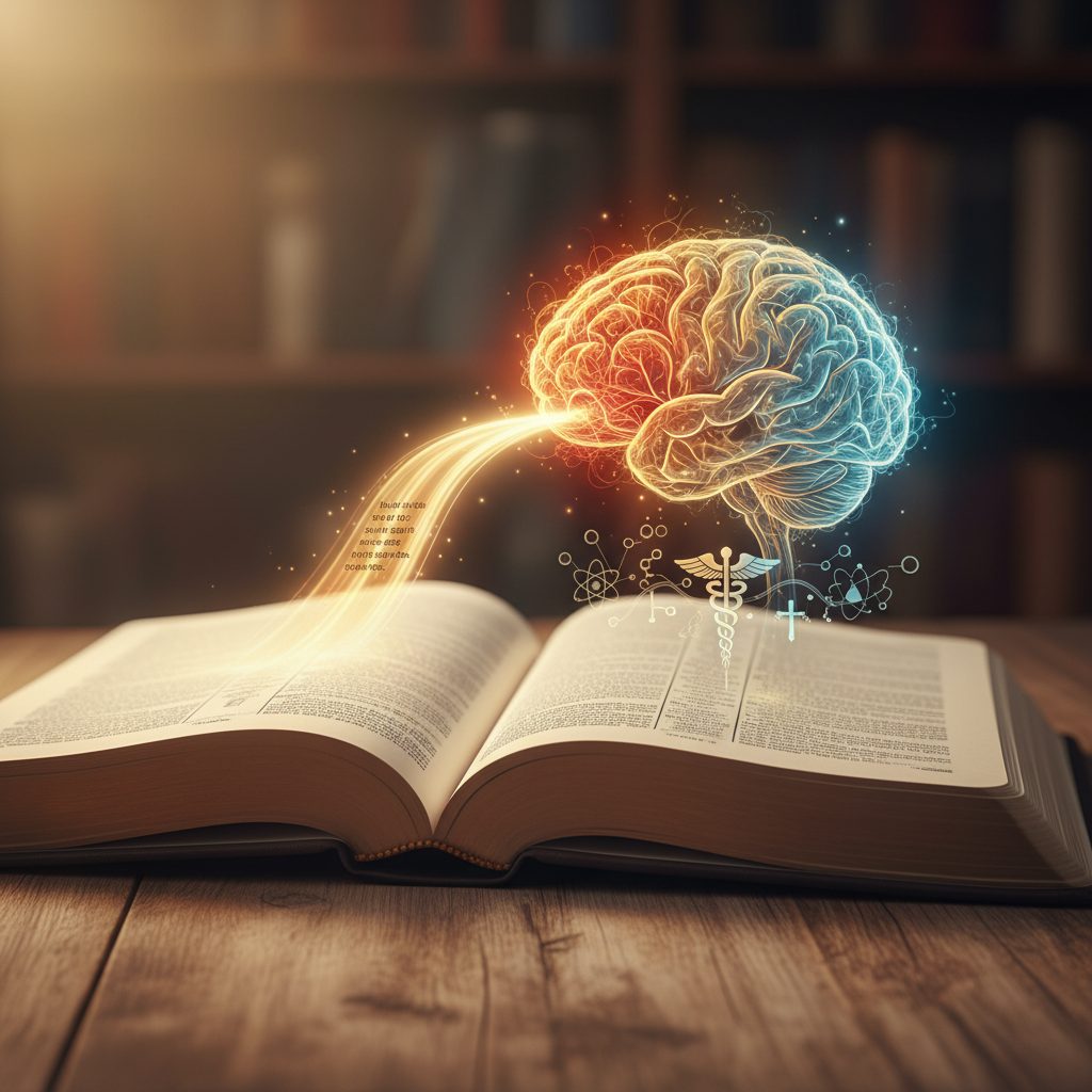 An illustration showing how reading nervousness bible verses can create calm neural pathways in an anxious brain, backed b...