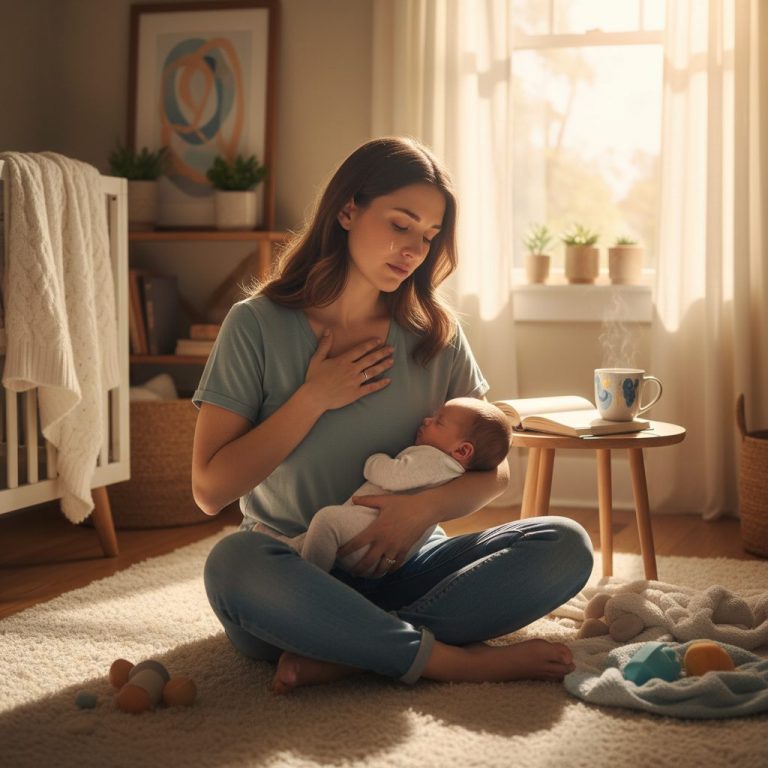 A new mother looking overwhelmed and learning how to regulate your nervous system during postpartum anxiety.
