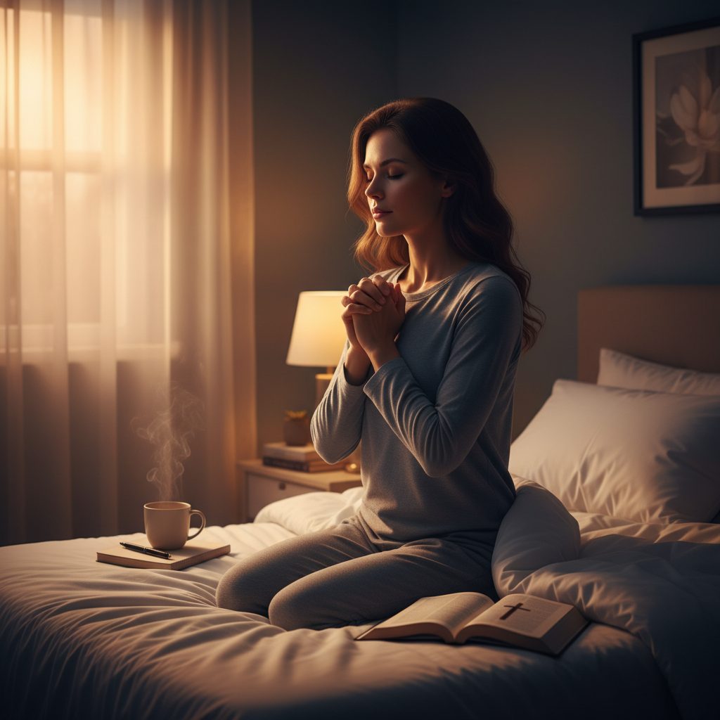 Woman learning how stop overthinking at night in bed by clasping her hands in a nighttime anxiety prayer.