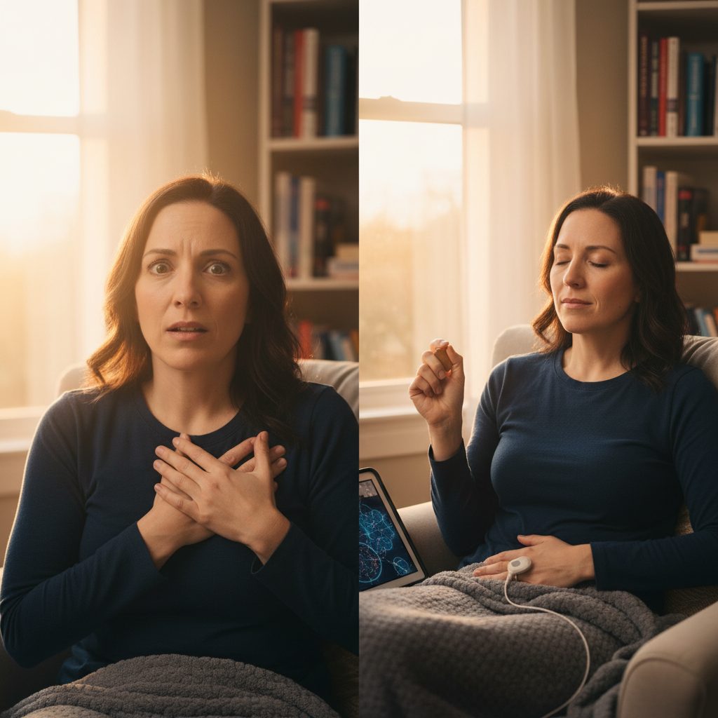 Image illustrating common panic attack symptoms and calming techniques for a person experiencing overwhelming fear and dis...