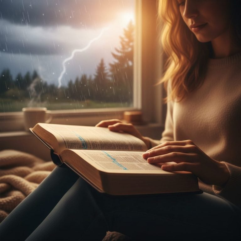 A person finds peace from anxiety and bible verses while reading scripture by a window during a storm.
