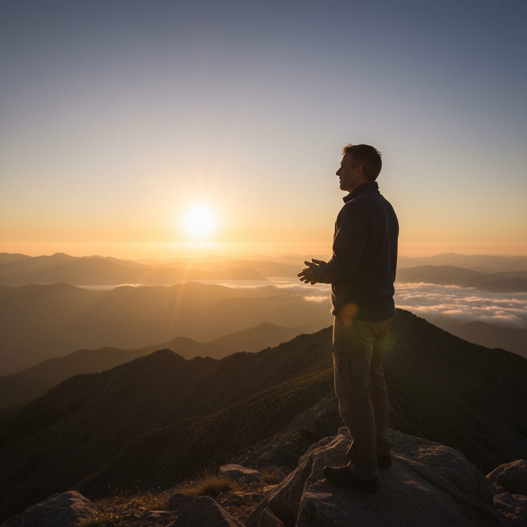 What It Means to Find Peace by Trusting in God A person looking out at a sunrise over the mountains, symbolizing the peace that comes from trusting in god.