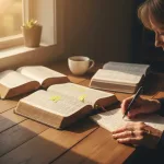 A person at a wooden table using various bible study books and a journal to gain a deeper understanding of the Holy Script...