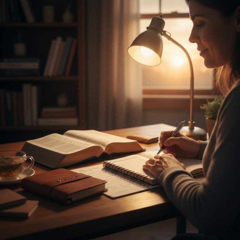 A focused person using a personal bible study guide with an open Bible and journal to deepen their understanding of Script...