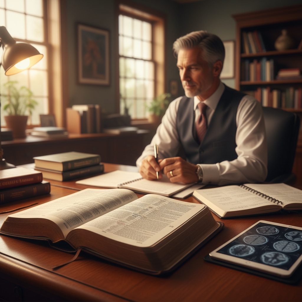 A professional at a desk applying practical christian philosophy for modern life by studying the Bible for guidance in the...