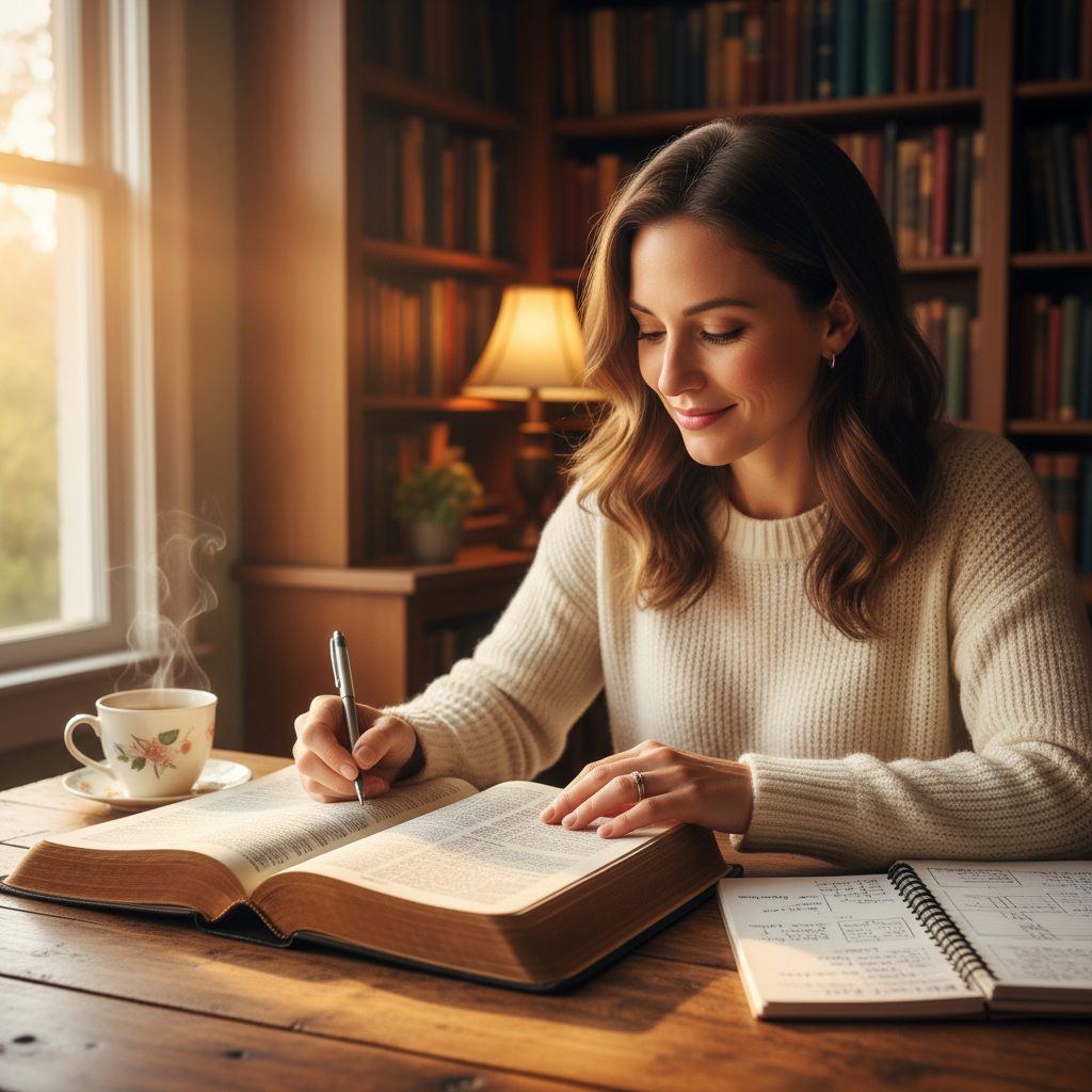 A Practical Method for Engaging with Scripture in Anxiety A woman follows a practical method for using scripture in anxiety by studying her Bible and journaling in a quiet, peacefu...