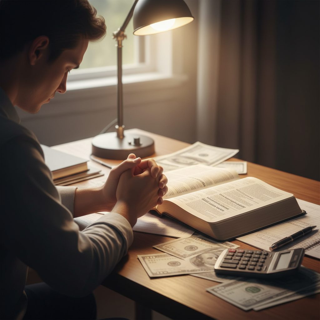 Person at a desk with bills and an open Bible, seeking guidance through a prayer for anxiety about finances.