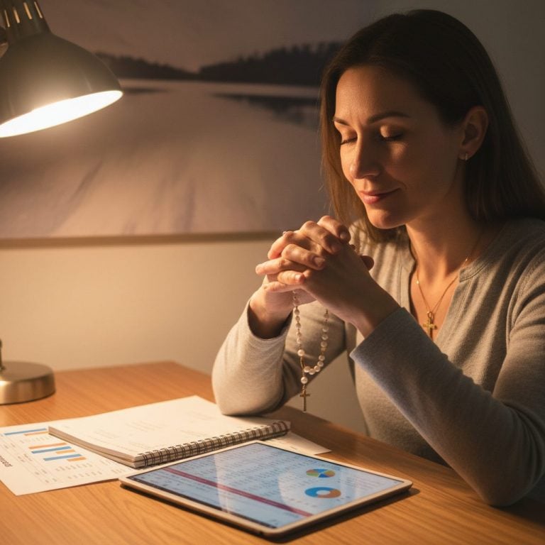 A person finding peace through a heartfelt prayer for anxiety about finances while reviewing their budget at a desk.