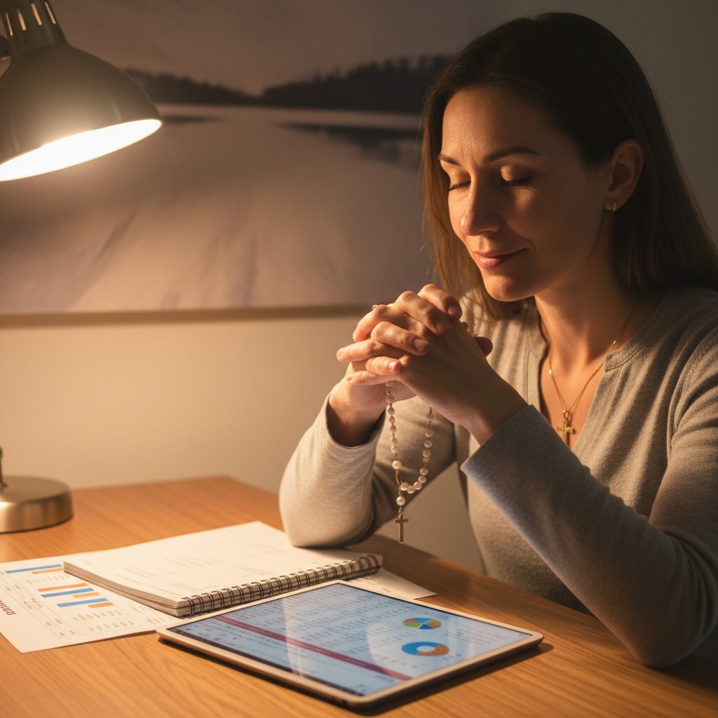 A person finding peace through a heartfelt prayer for anxiety about finances while reviewing their budget at a desk.