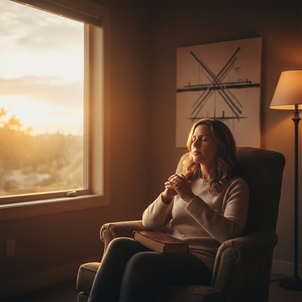 prayer for anxiety trusting gods plan - A person in quiet reflection using a prayer for anxiety, trusting God's plan to bridg