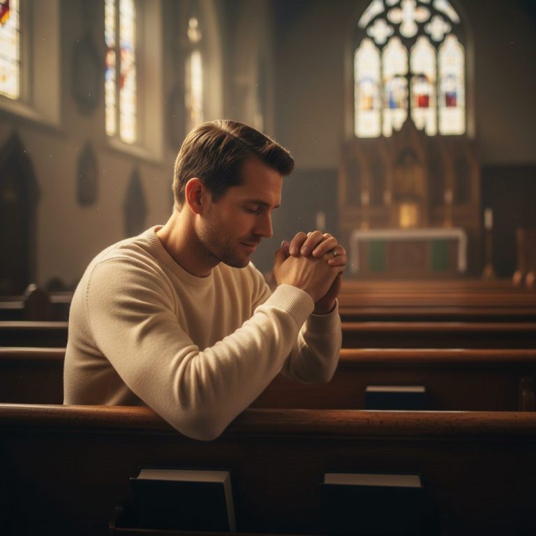 A person sitting in a church pew offers a prayer for anxiety trusting gods plan, finding solace and peace in a moment of w...