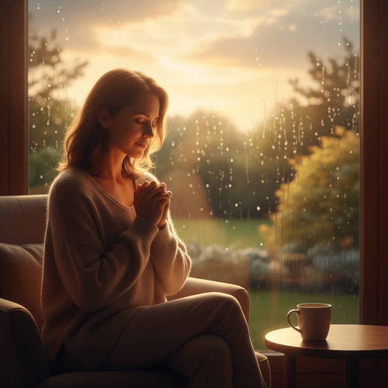 A woman says a prayer when youre anxious, sitting by a window on a rainy day and finding a moment of spiritual peace.