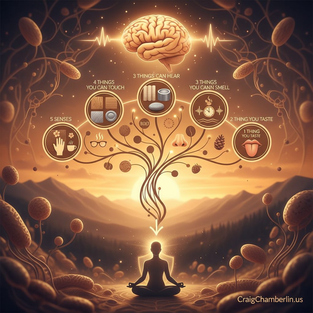 An infographic illustrating the 5-4-3-2-1 method, one of several quick grounding techniques to stop overthinking, using se...