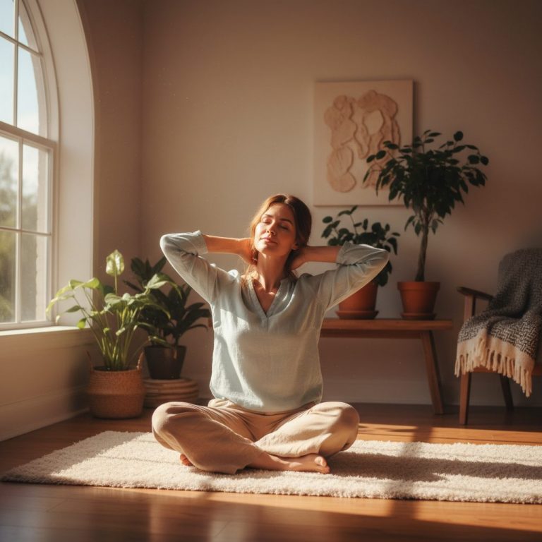 A serene woman sitting in a sunlit room, demonstrating how to regulate your nervous system with vagus nerve exercises to f...