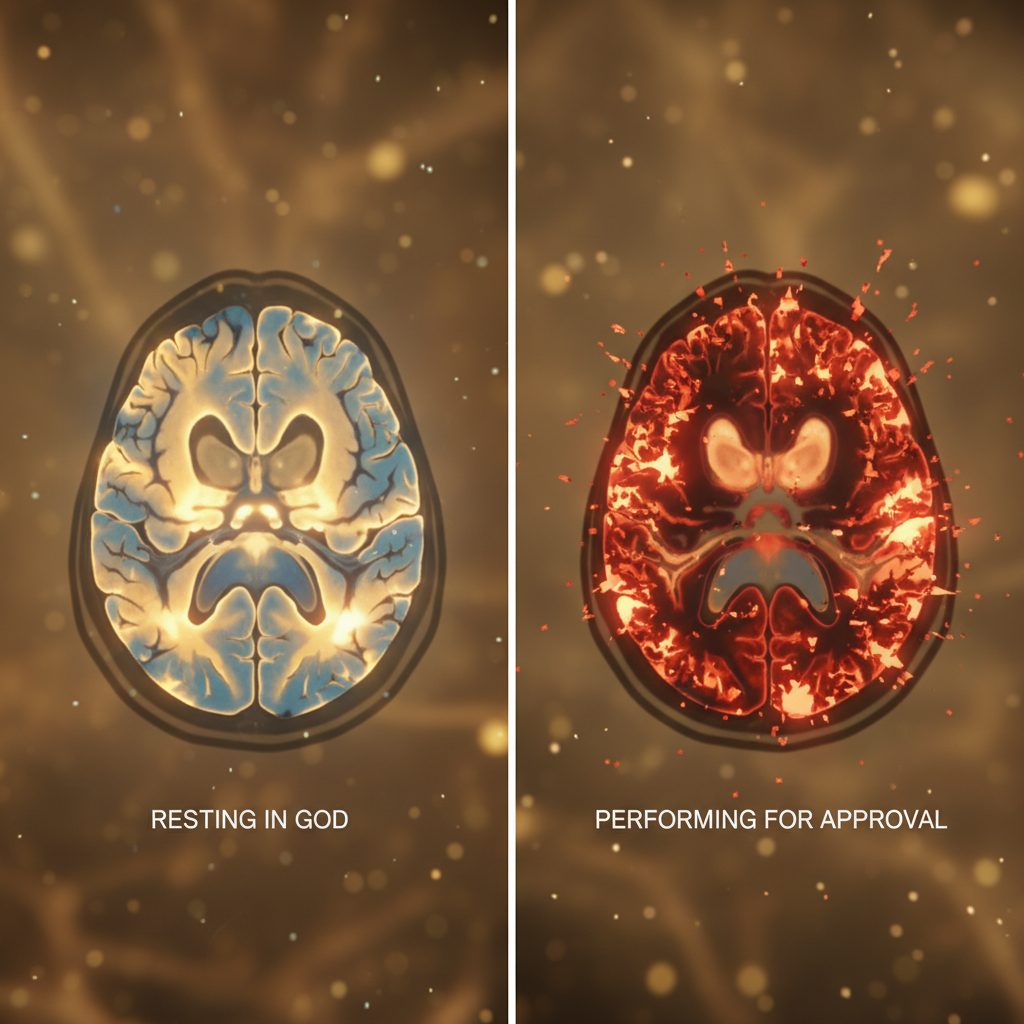 An illustration comparing two brain scans to show the neurological impact of resting in God vs performing for approval.