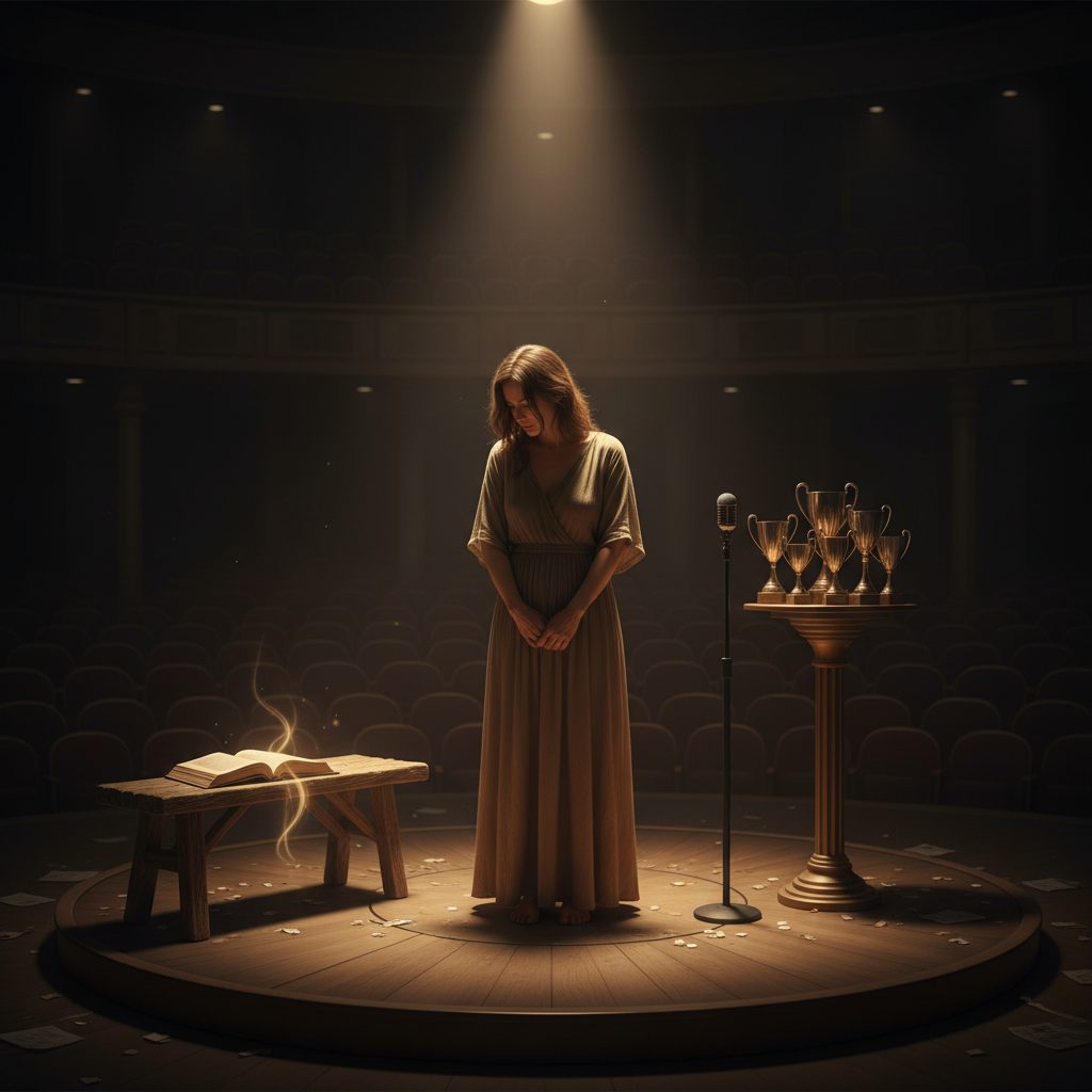 An exhausted woman on a stage under a spotlight, depicting the struggle of resting in God vs performing for approval.
