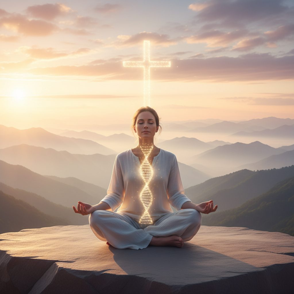A woman peacefully practices meditation for anxiety christian breath prayer, illustrating the science of stillness.
