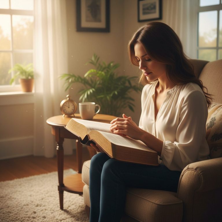 A woman finds comfort from her open Bible, reading scripture for anxiety in a peaceful, sunlit room.