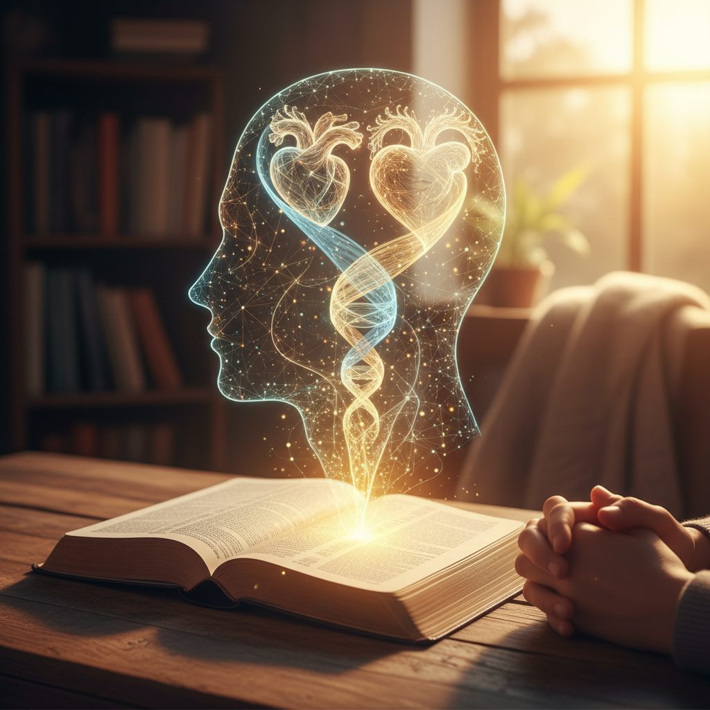 Conceptual image illustrating the mind-body-spirit connection for a person using scripture for anxiety.