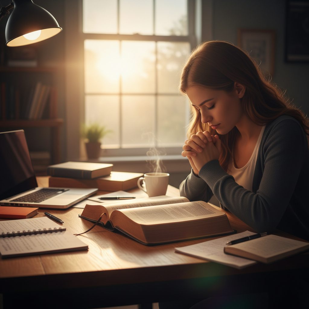 A focused student finds peace through a prayer for anxiety before a big test, with a Bible open next to their study materi...
