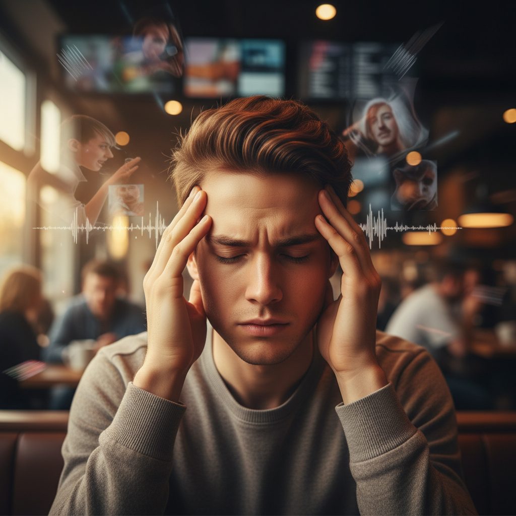 Understanding the Experience of Sensory Overload in Autism A person feeling overwhelmed by chaotic visual and auditory stimuli, illustrating the need for sensory overload autism fri...