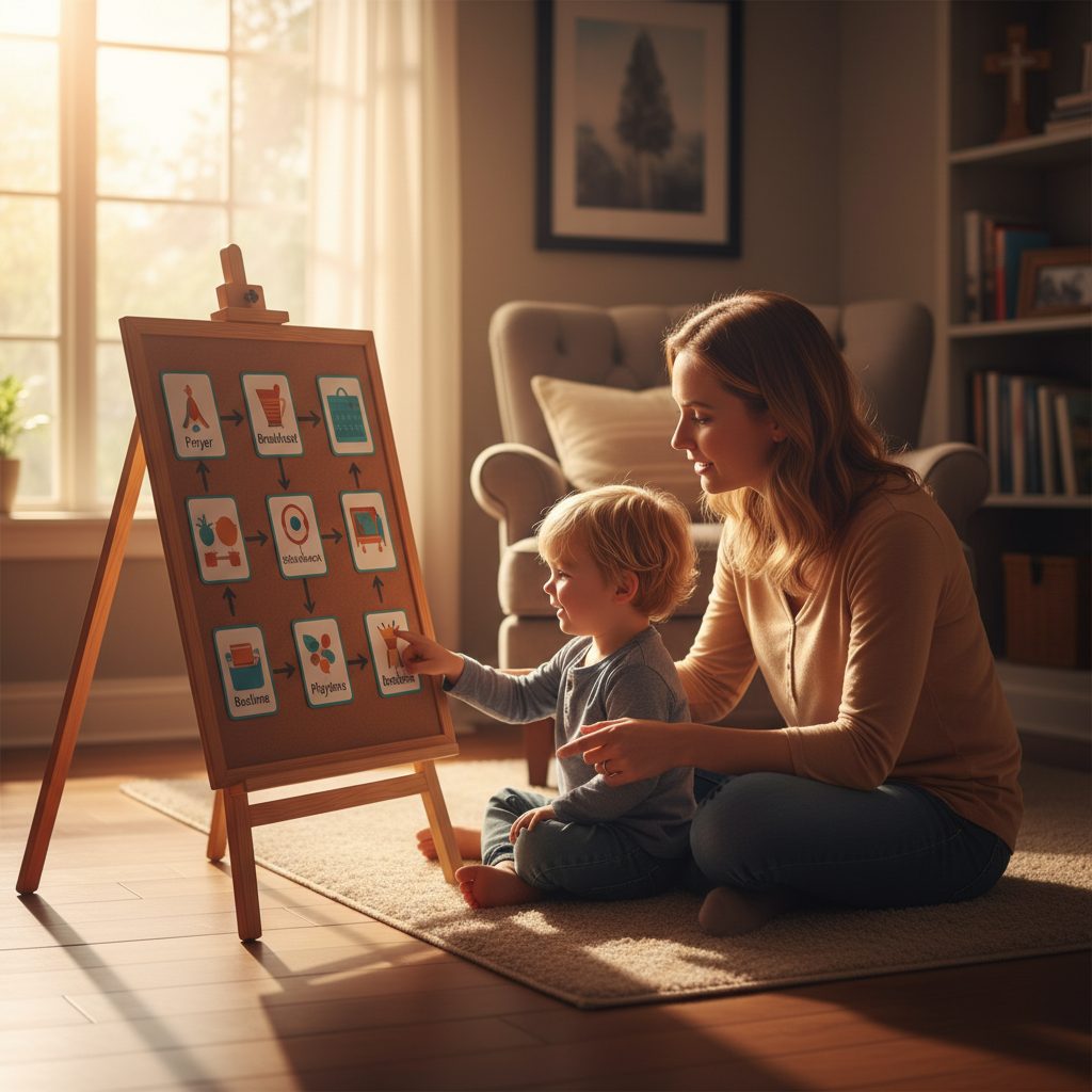 Proactive Planning with a Visual Schedule for Autism Sensory Needs A parent and child using a visual schedule, one of the proactive sensory overload autism friendly strategies for daily pla...