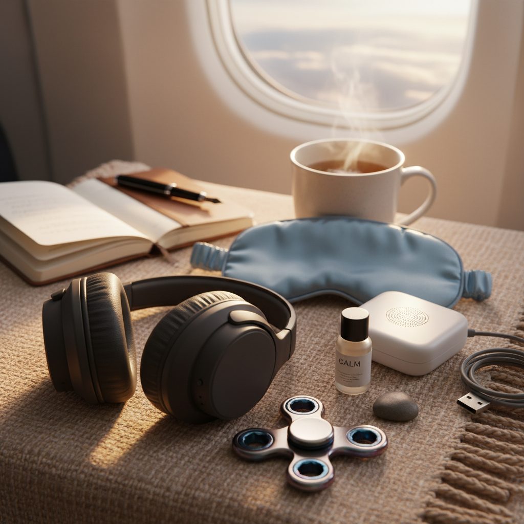 A flat lay of essential sensory overload calming tools for travel, including noise-canceling headphones, a fidget toy, and...