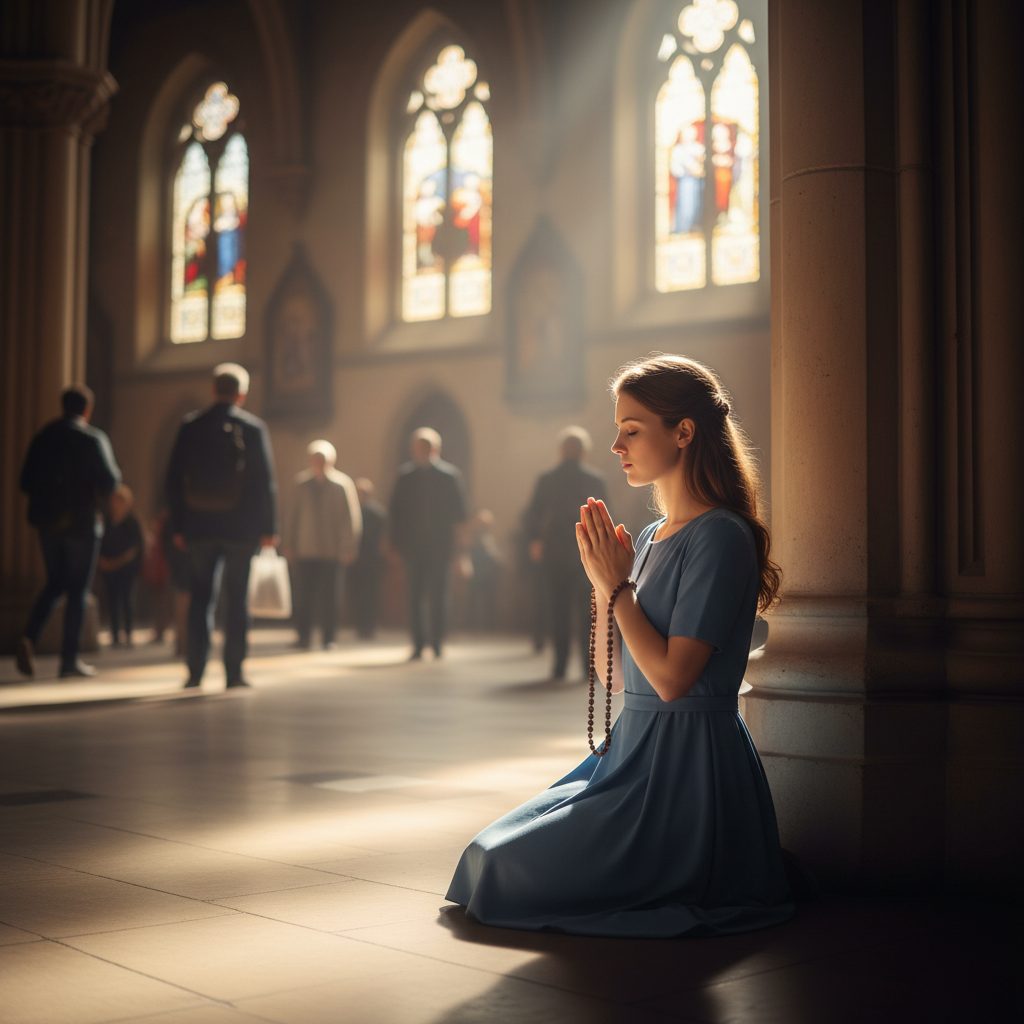 Finding God’s Stillness: Sensory Overload in Crowded Places Coping Tips A woman practices sensory overload in crowded places coping tips by finding a quiet moment for prayer in a busy church lobby.