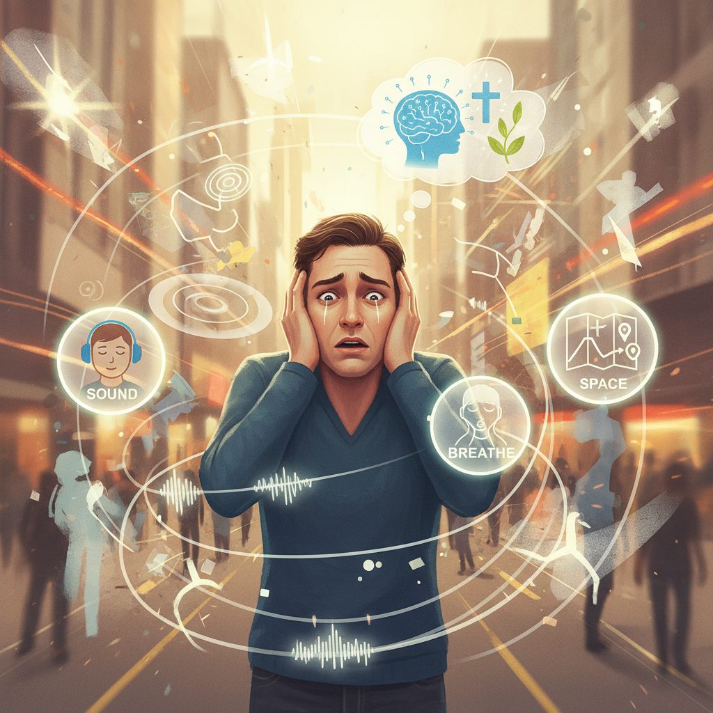 Understanding Sensory Overload in Crowded Places: A God-Given Response An illustration demonstrating sensory overload in crowded places coping tips, showing an overwhelmed person in a busy, abs...