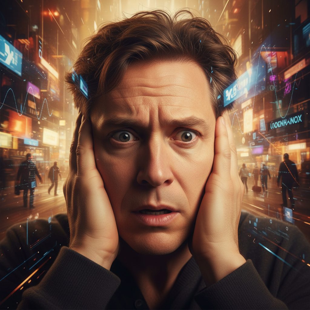 Visualizing the Symptoms of Sensory Overload in Adults An illustrative image to have the sensory overload symptoms in adults explained, showing a person looking overwhelmed by e...