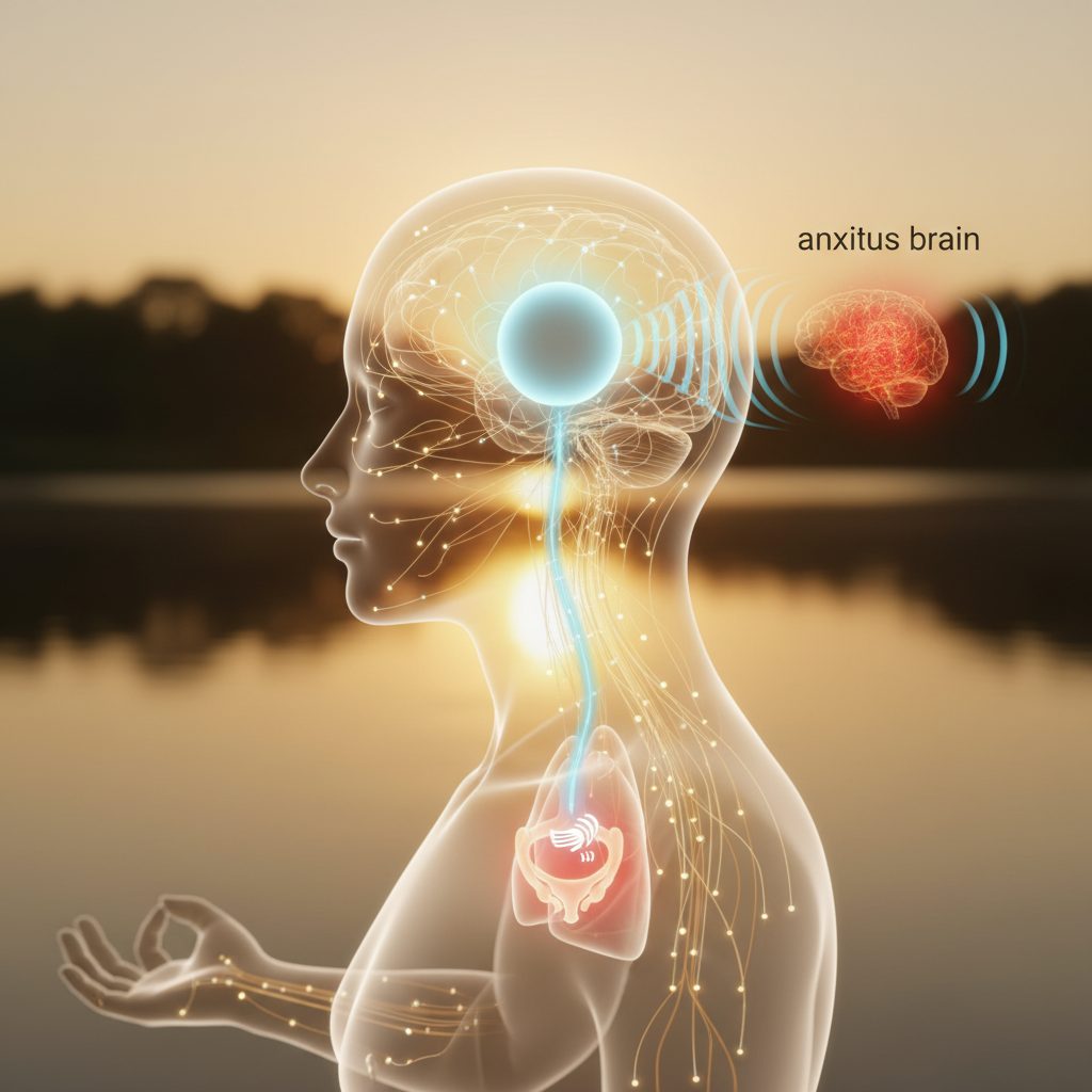 A diagram showing how simple deep breathing exercises you can do anywhere send calming signals to an anxious brain, offeri...