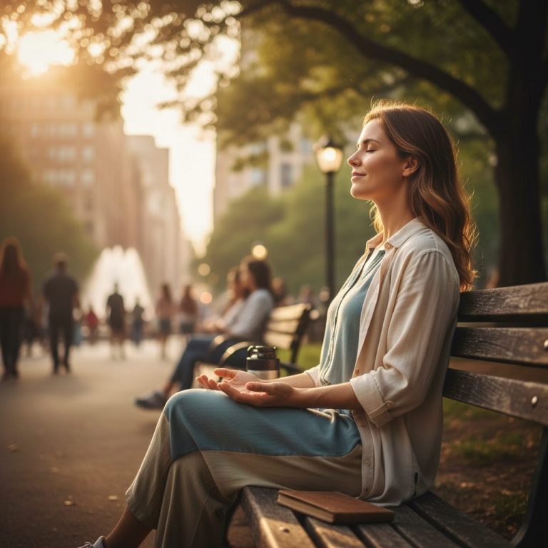 A woman practices simple deep breathing exercises you can do anywhere while sitting peacefully on a park bench in a bustli...
