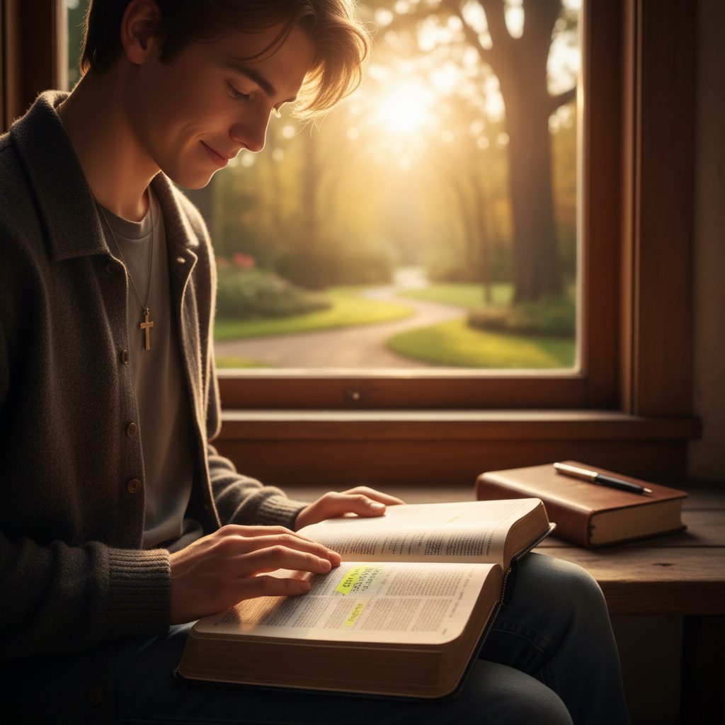Finding Peace Through Social Anxiety Christian Encouragement and Scriptures A young person finding social anxiety Christian encouragement and scriptures while reading their Bible peacefully on a par...