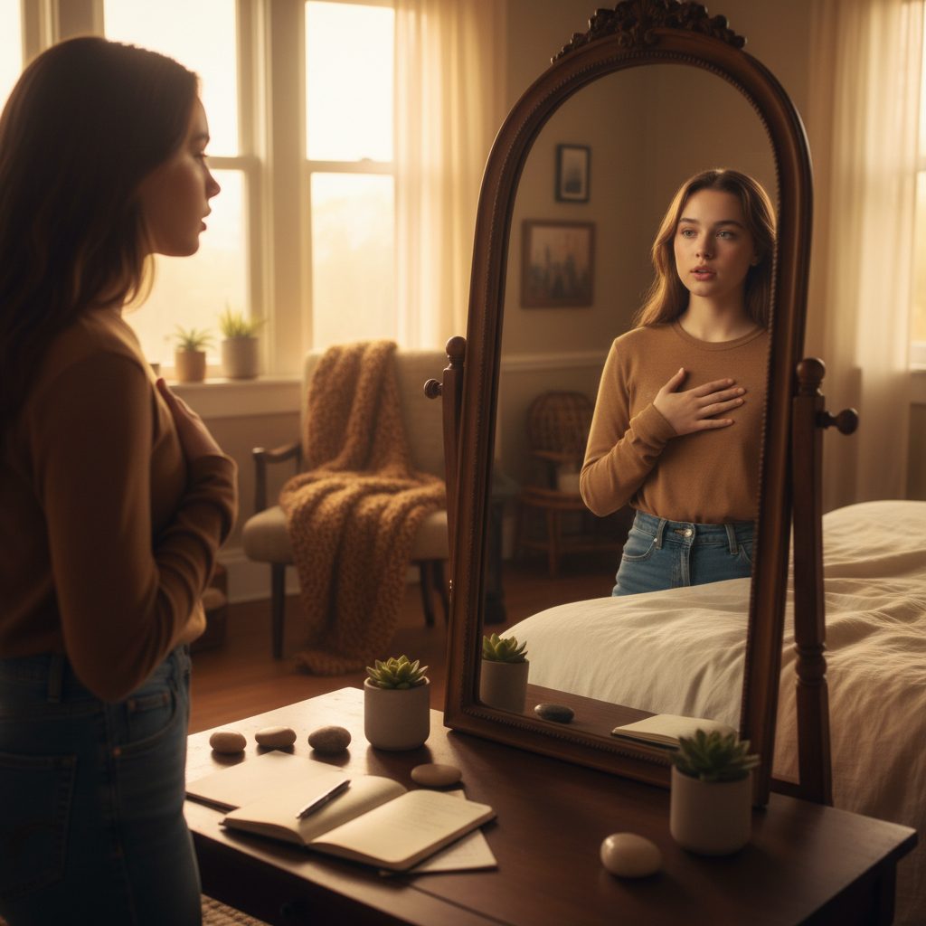 A thoughtful teen looking in a mirror, learning social anxiety coping skills for teens by affirming they are wonderfully a...