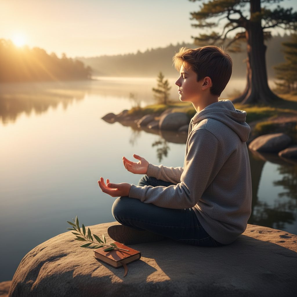 A teen boy practices social anxiety coping skills for teens by sitting in quiet reflection, demonstrating the biblical pri...