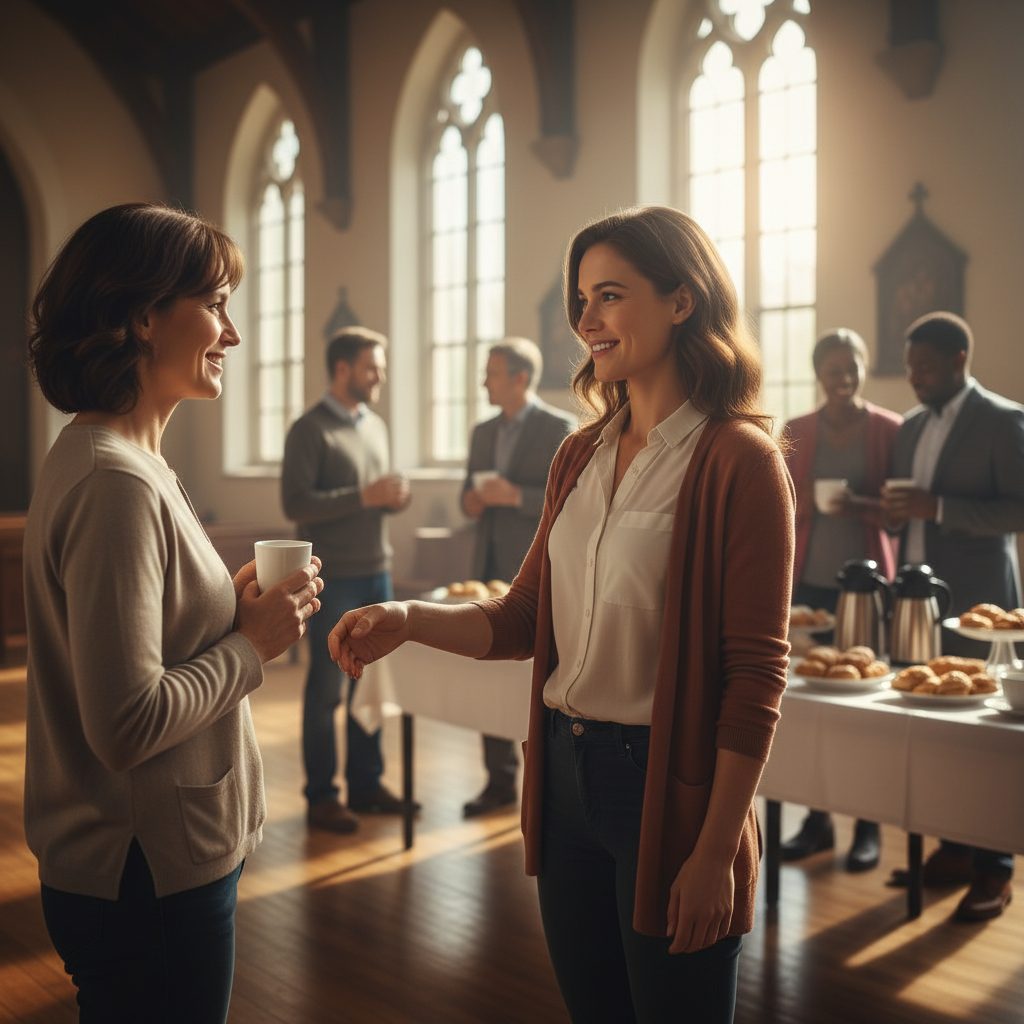 Woman applying social anxiety tips for starting conversations with a new friend at a church coffee hour.