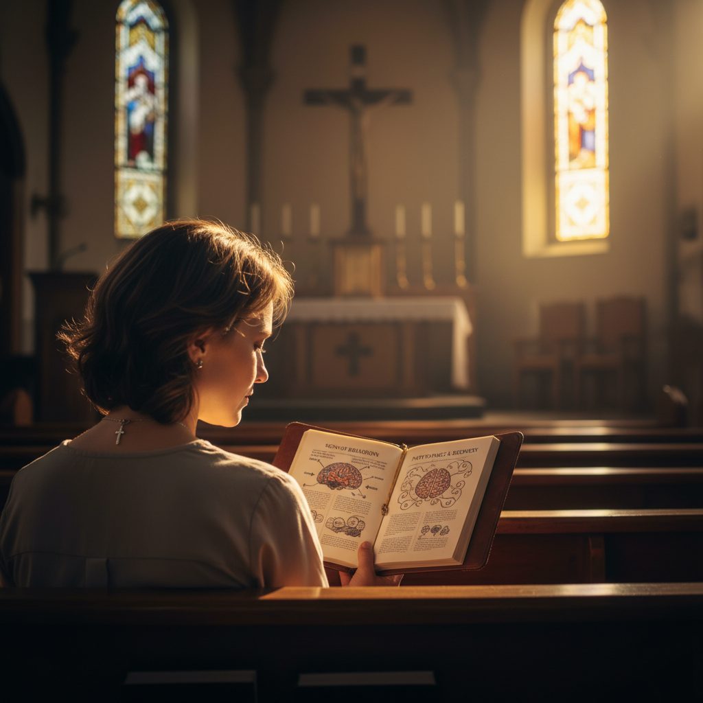 A person finds spiritual hope while learning the nervous breakdown signs and recovery steps by sitting peacefully in a chu...