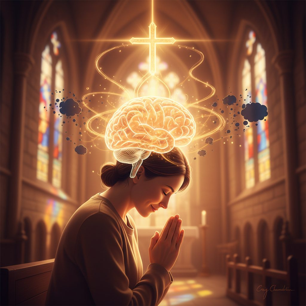 Illustration showing how to stop intrusive thoughts during prayer by understanding the brain's neurological and spiritual ...