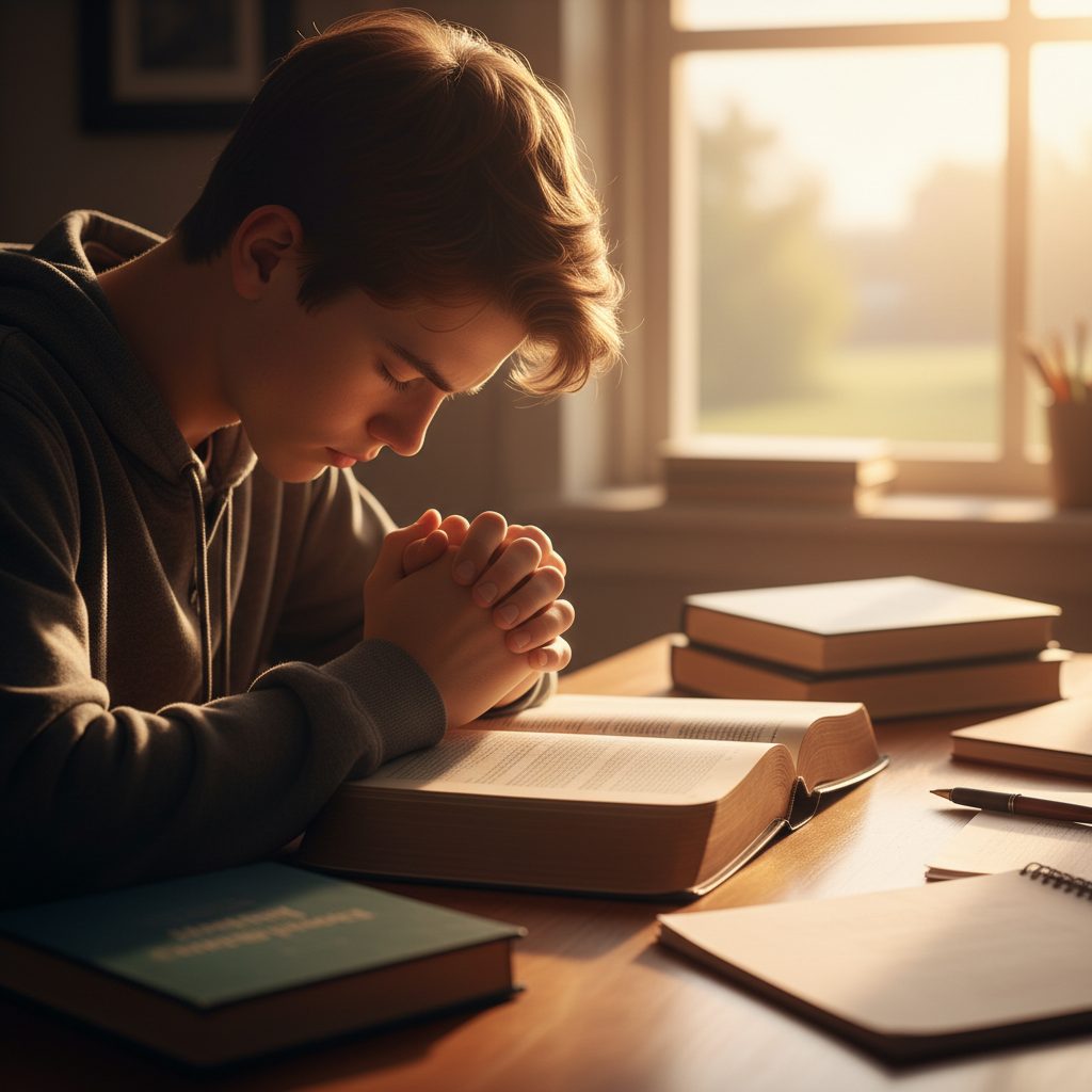 A young student sitting at a desk with books, finding comfort and peace through a prayer for anxiety before a big test.
