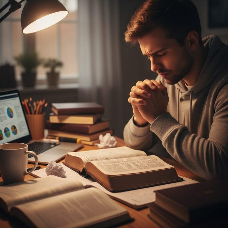 A stressed student sitting at a desk surrounded by books says a prayer for anxiety before a big test, seeking peace.