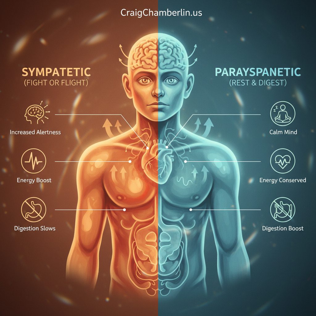 Diagram of the sympathetic vs parasympathetic nervous system explained simply, highlighting the body's 'fight or flight' r...
