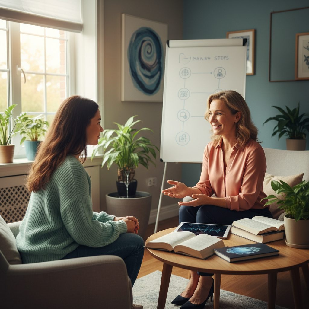 A therapist discussing nervous breakdown treatment options and timeline with a patient in a calm, supportive setting.