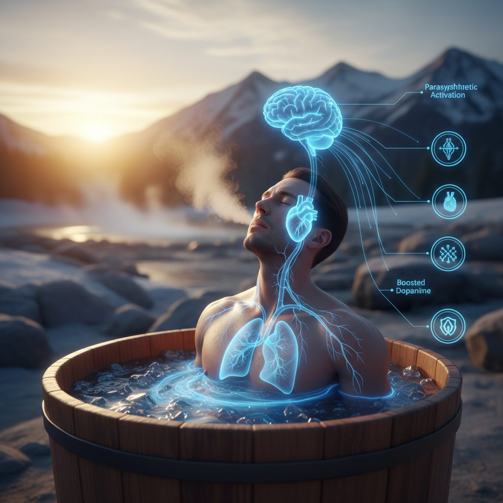 An illustrative diagram showing how to regulate your nervous system using cold exposure by stimulating the brain and body ...