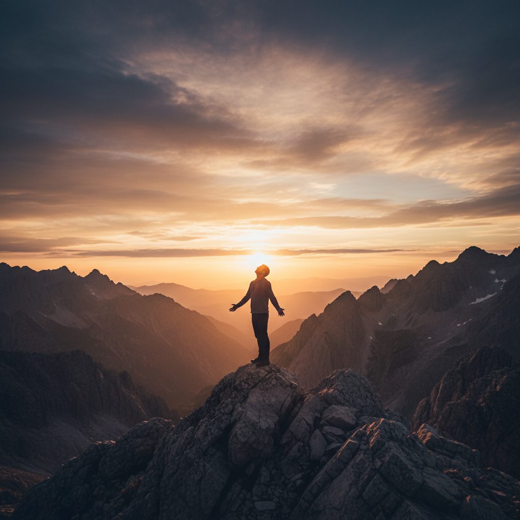 A man stands on a mountain looking at the sky, illustrating the biblical concept of fearing of god through reverence and awe.